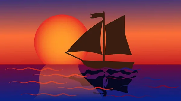 Rosso tramonto giallo sul mare con la nave — Vettoriale Stock