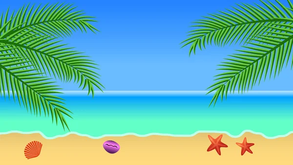 Морской фон с морем, пальмами, песком, небом, морской звездой и морем — стоковый вектор