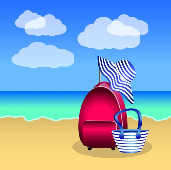 Pink red suitcase, beach bag and hat with blue stripes on the be — Stock Vector