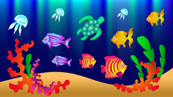 Mundo subaquático com peixes, tartarugas, medusas, algas. Vector doente —  Vetores de Stock