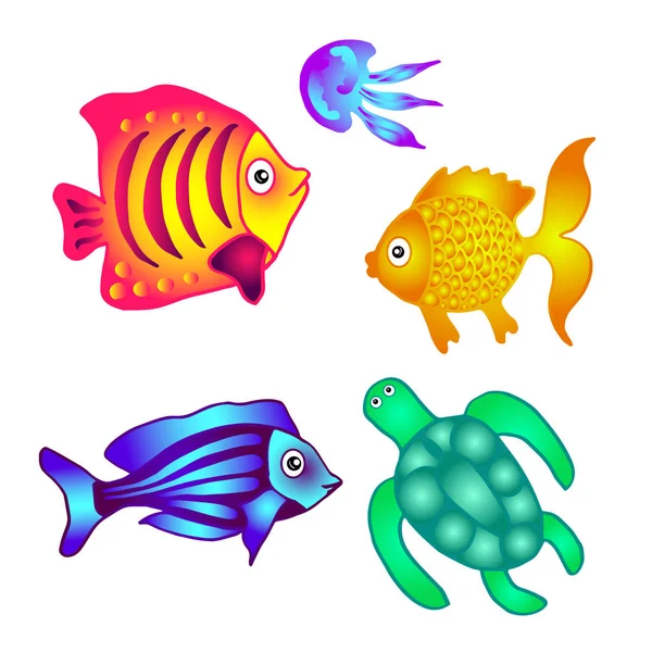 Peixe marinho, tartaruga e água-viva para decorar cartazes, bandeiras, lea —  Vetores de Stock