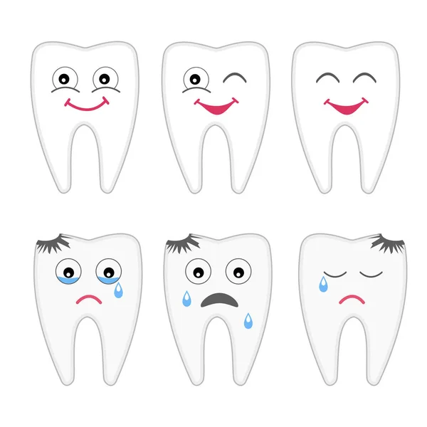 Desenho de crianças de um dente sadio sorridente e um dente que chora —  Vetores de Stock