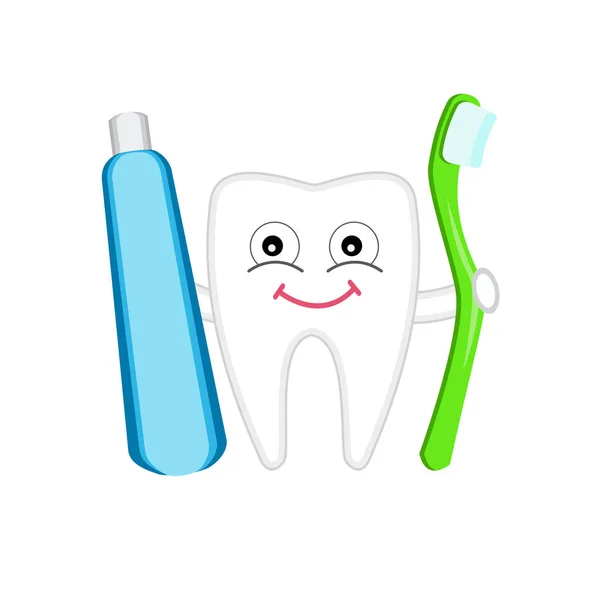 Desenho infantil de um dente saudável com uma escova de dentes e dente —  Vetores de Stock