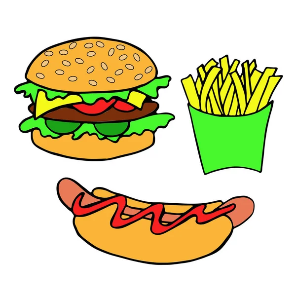 Hand getrokken hamburger, hot dog, frietjes op witte achtergrond. — Stockvector