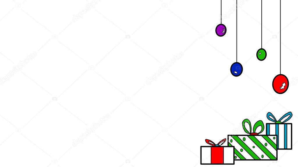 Christmas background with isolated gifts and hanging christmas balls. Empty, white text space to input words on opposite side.