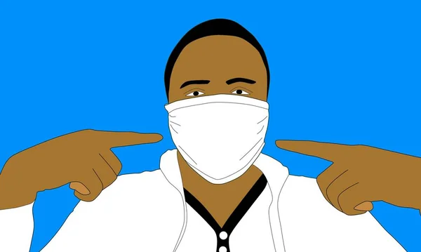 Illustration of a young Africa man who looks like a doctor wearing a white coat and a face mask, pointing at it. Safety measure concept for Coronavirus, 2019-nCov. Blue background. Space for text.