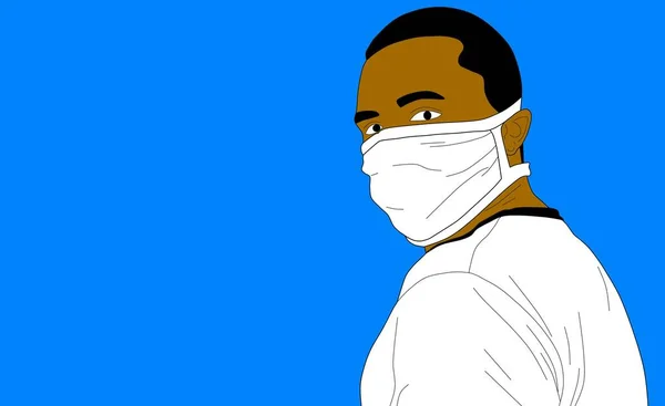 Illustration of Africa man facing back while wearing a white face mask due to Coronavirus, Covid-19, 2019-nCov. His nose and mouth are covered. Blue background and space for text.