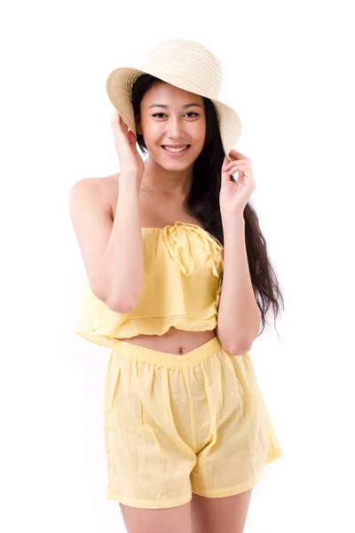 Happy, smiling beautiful woman wearing hat in summer dress — Stock Photo, Image