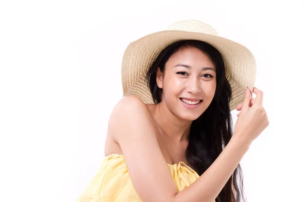 Happy, smiling beautiful woman wearing hat in summer dress — Stock Photo, Image