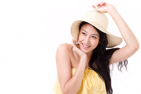 Happy, smiling beautiful woman in summer dress looking up — Stock Photo, Image