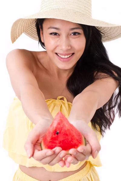Zomer dame u watermeloen geven — Stockfoto