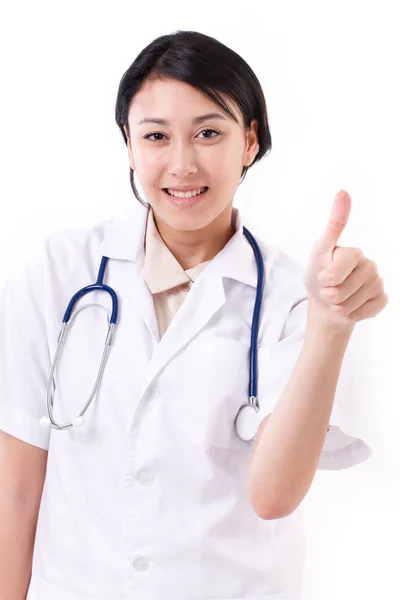 Női orvos mutatja a hüvelykujjával felfelé kéz jele gesztus — Stock Fotó