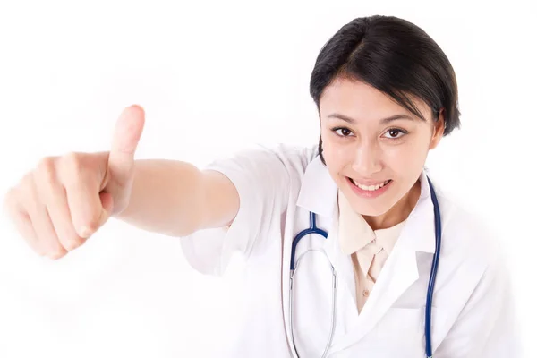 엄지 손 제스처, 높은 각도 보기를 제공 하는 여성 의사 — 스톡 사진