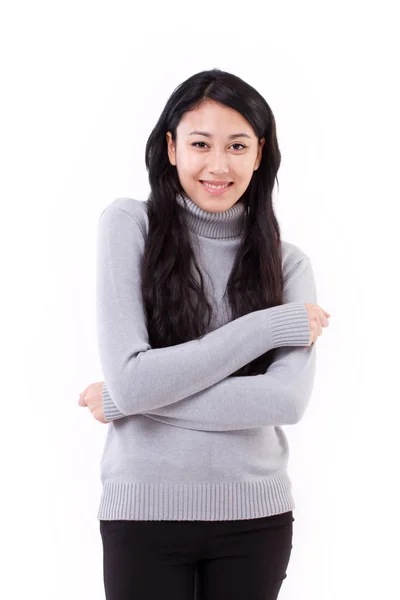 Happy, smiling asian-caucasian woman in fall or winter style — Stock Photo, Image