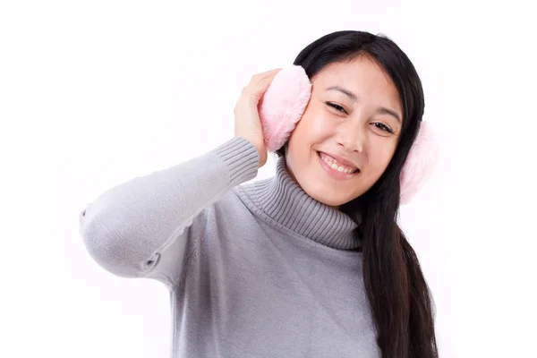 귀와 행복, 웃는 아시아 백인 여자 — 스톡 사진