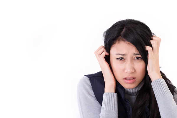 Femme stressée souffrant de maux de tête, anxiété, migraine, hango — Photo