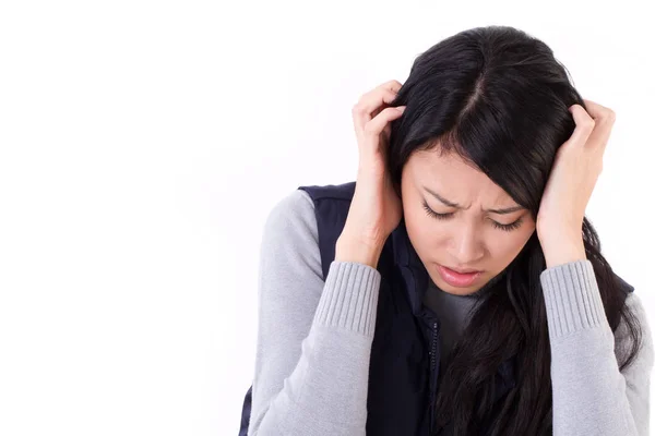 Femme stressée souffrant de maux de tête, anxiété, migraine, hango — Photo