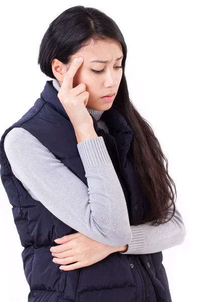 Mujer estresada que sufre de dolor de cabeza, ansiedad, migraña, hango — Foto de Stock