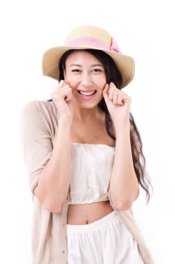 sevimli, mutlu, gülümseyen kadın yaz elbise