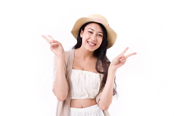 Smiling lady with asian happy victory hand gesture — Stock Photo, Image