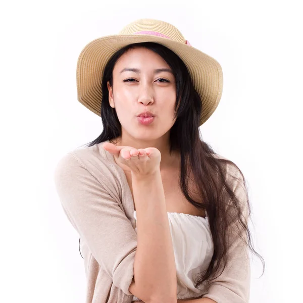 Happy, smiling woman blowing kiss to you — Stock Photo, Image