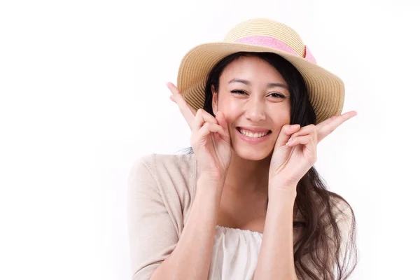 Sorridente signora con asiatico felice vittoria mano gesto — Foto Stock
