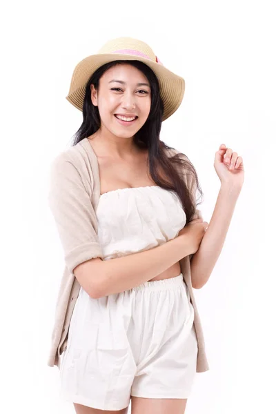 Retrato de mujer confiada, feliz y sonriente en vestido de verano —  Fotos de Stock