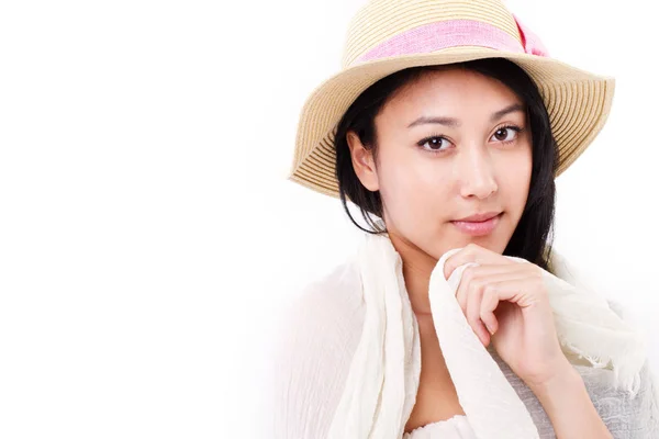 Confident woman with shawl looking at you, studio isolated — Stock Photo, Image