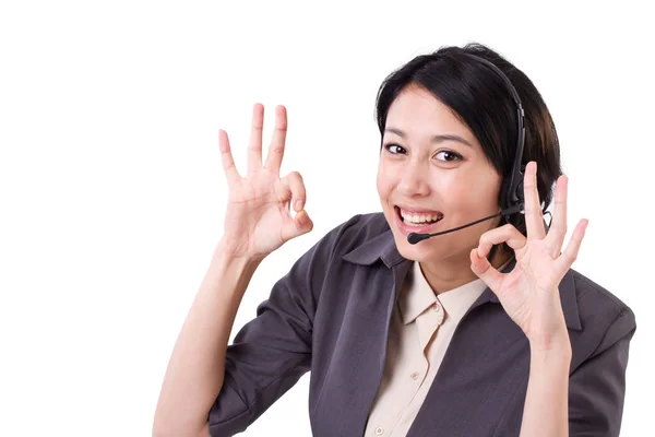 Счастливая деловая женщина, линия помощи, персонал по обслуживанию клиентов, показывающий dou — стоковое фото