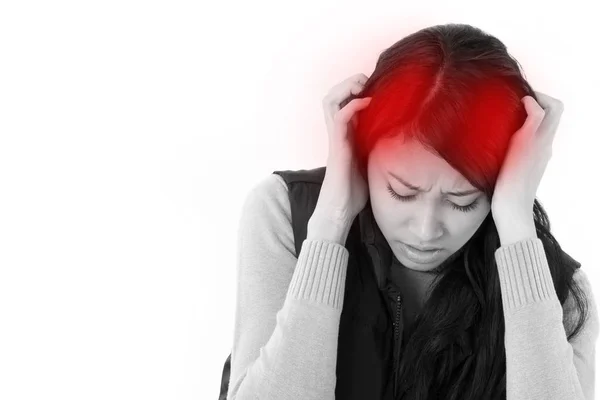 Donna stressata che soffre di mal di testa, ansia, emicrania, hango — Foto Stock