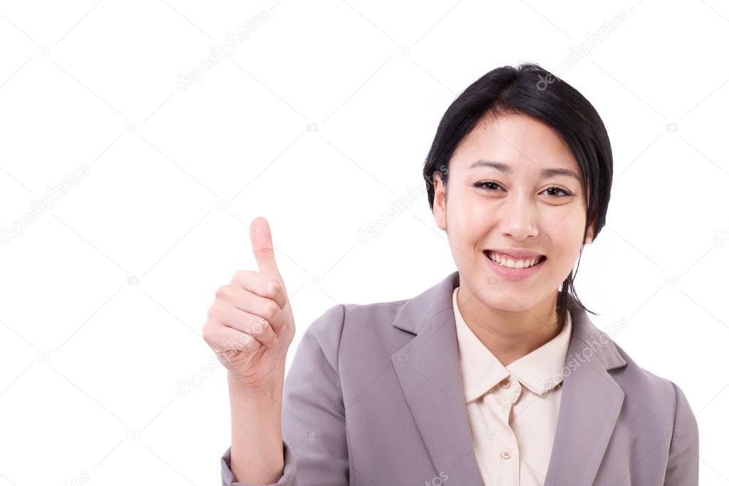 happy asian caucasian business woman giving thumb up