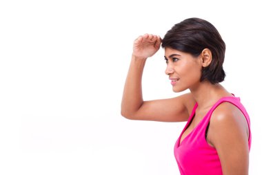 arıyor, arıyor, bir şey beyaz izole arka plan üzerinde bulma kadın