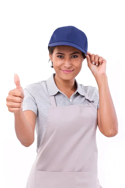 Женский обслуживающий персонал показывает большой палец вверх рукой жест — стоковое фото