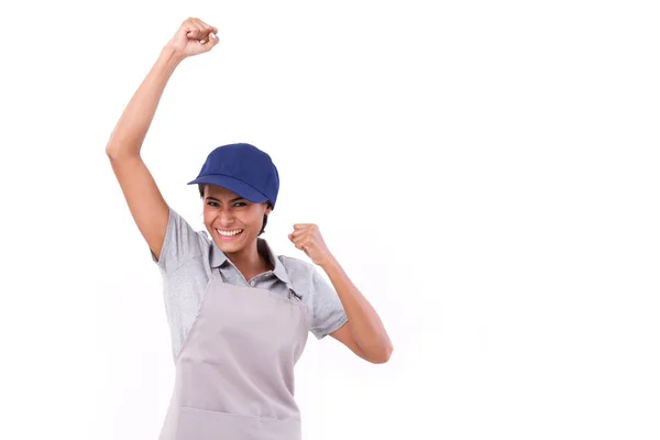 Щасливий, успішний персонал жіночої служби ізольований на білому — стокове фото