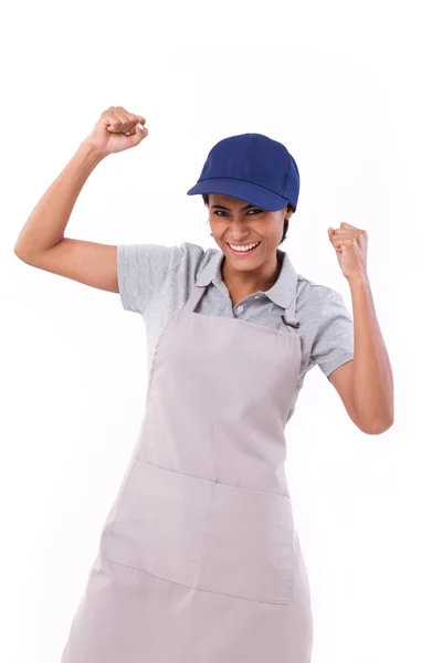 Gelukkig, succesvolle vrouwelijke service personeel geïsoleerd op witte achtergrond — Stockfoto