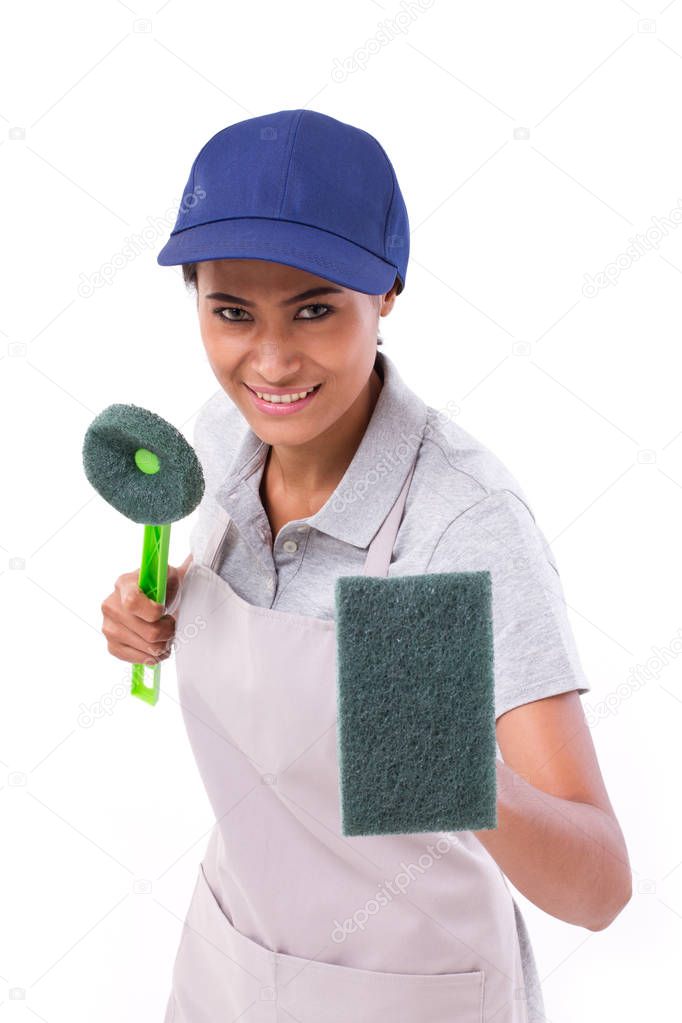confident, professional female cleaner ready for duty