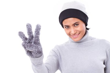 mutlu kadın üç parmak işaret