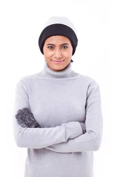 Жінка в осінньому або зимовому одязі ізольована — стокове фото
