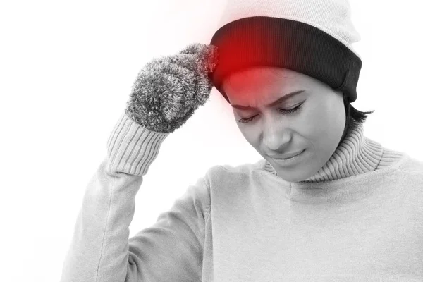 Stressad kvinna som lider av huvudvärk — Stockfoto