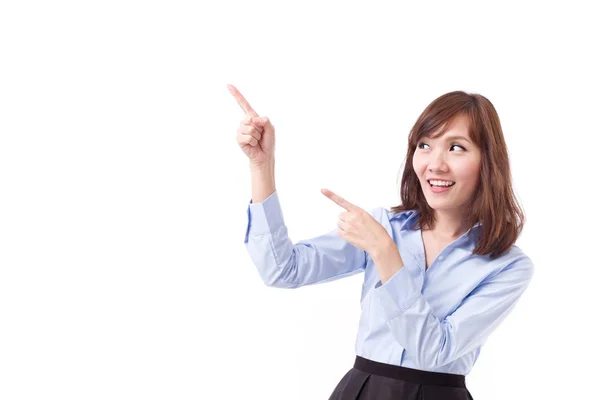 Business woman pointing up at blank space, studio isolated — Stock Photo, Image