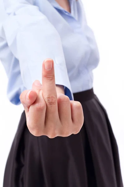 Mittelfinger rüde Geste von Frauenhand — Stockfoto