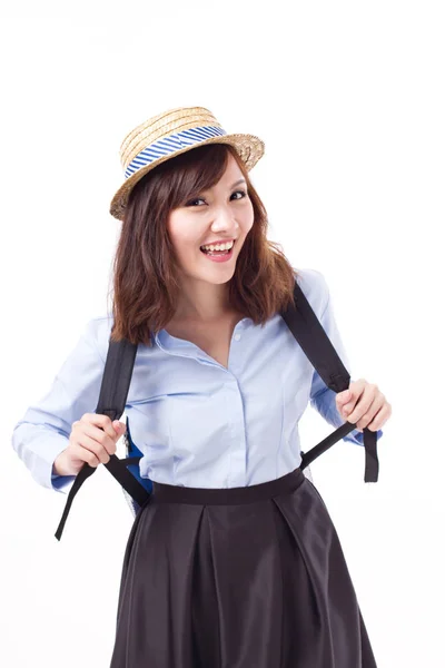 Feliz, sorrindo asiático mulher viajante, estúdio isolado — Fotografia de Stock