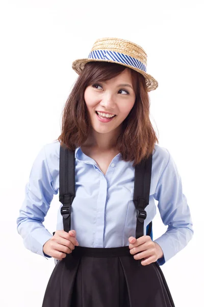 Asiatico donna viaggiatore guardando su studio isolato di donna modello — Foto Stock