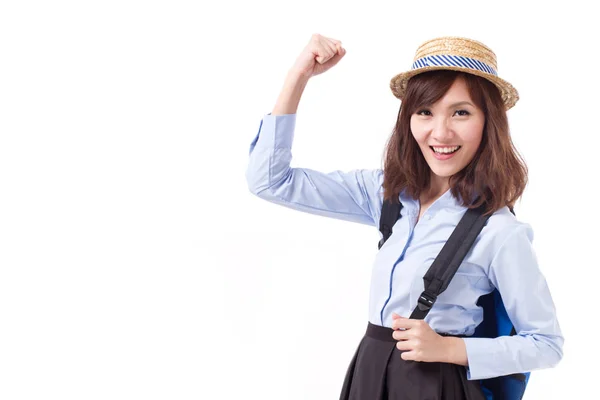 Felice, forte asiatico donna viaggiatore, studio isolato di donna modello — Foto Stock