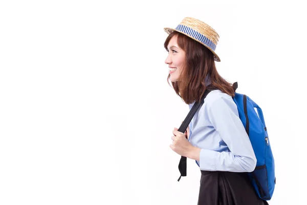 Aziatische vrouw reiziger op zoek kant manier, studio geïsoleerd van vrouw — Stockfoto