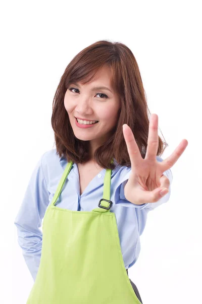 Lachend, blij, positieve vrouw met hand 3 vingers omhoog — Stockfoto
