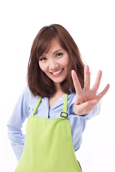Sonriente, feliz, mujer positiva con la mano apuntando hacia arriba 4 dedos —  Fotos de Stock