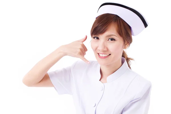 Enfermera asiática con gesto de mano en contacto con nosotros, información, FAQ —  Fotos de Stock
