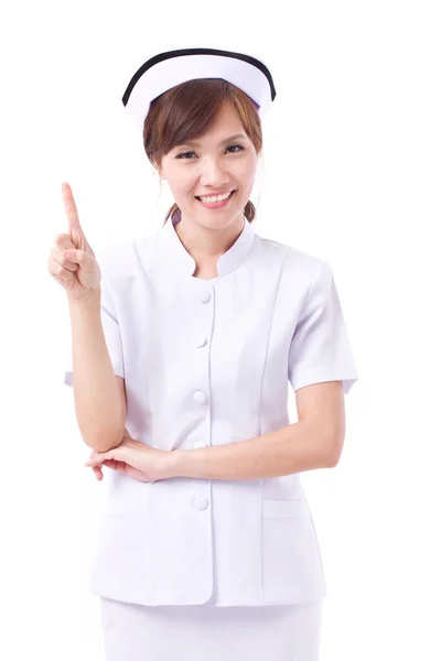 Happy asian nurse pointing up 1 finger gesture — Stock Photo, Image