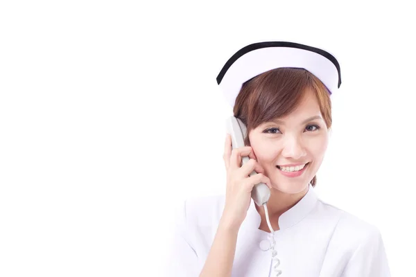 Asiática enfermeira no telefone, conceito de contato conosco, informações, FAQ — Fotografia de Stock